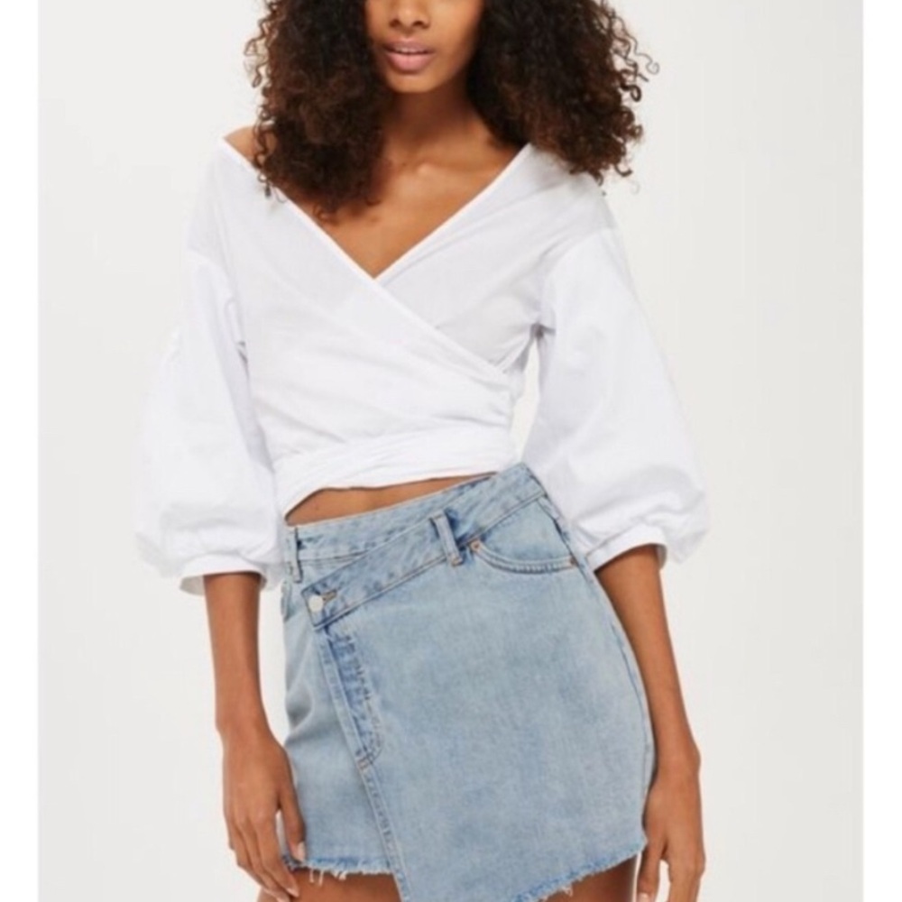 Topshop Moto Distressed Wrapped Asymmetrical Denim Wrap Mini Skirt